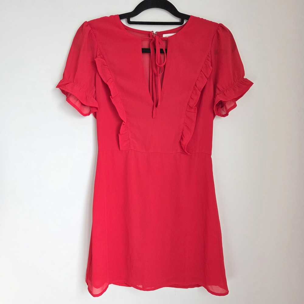 Honey Punch Red Sheer A-Line Mini Dress Ruffle Bodice & Sleeve Keyhole Size S
